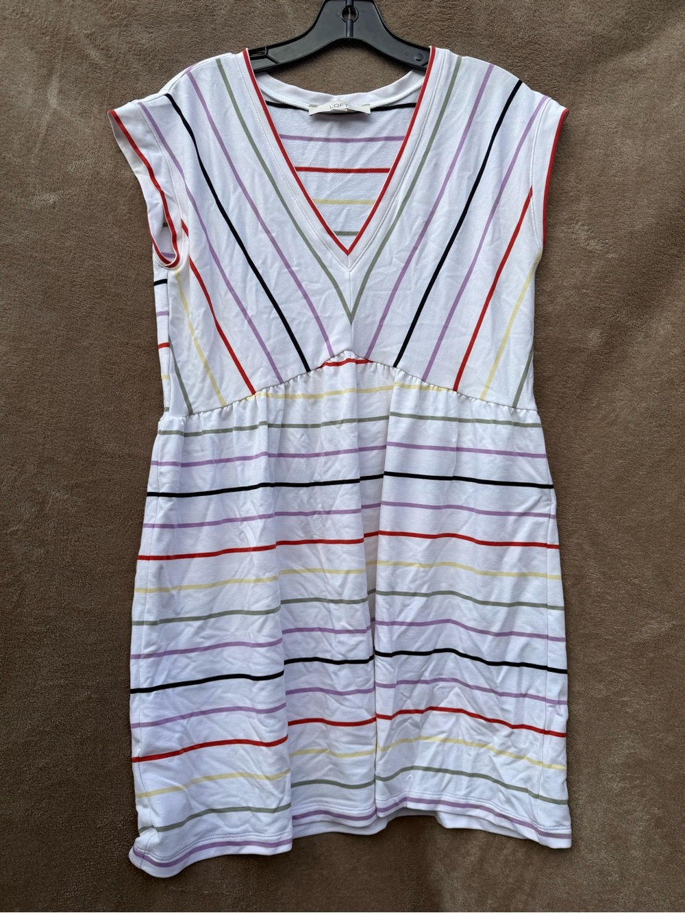 LOFT White V-Neck Dress with Multicolor Stripes